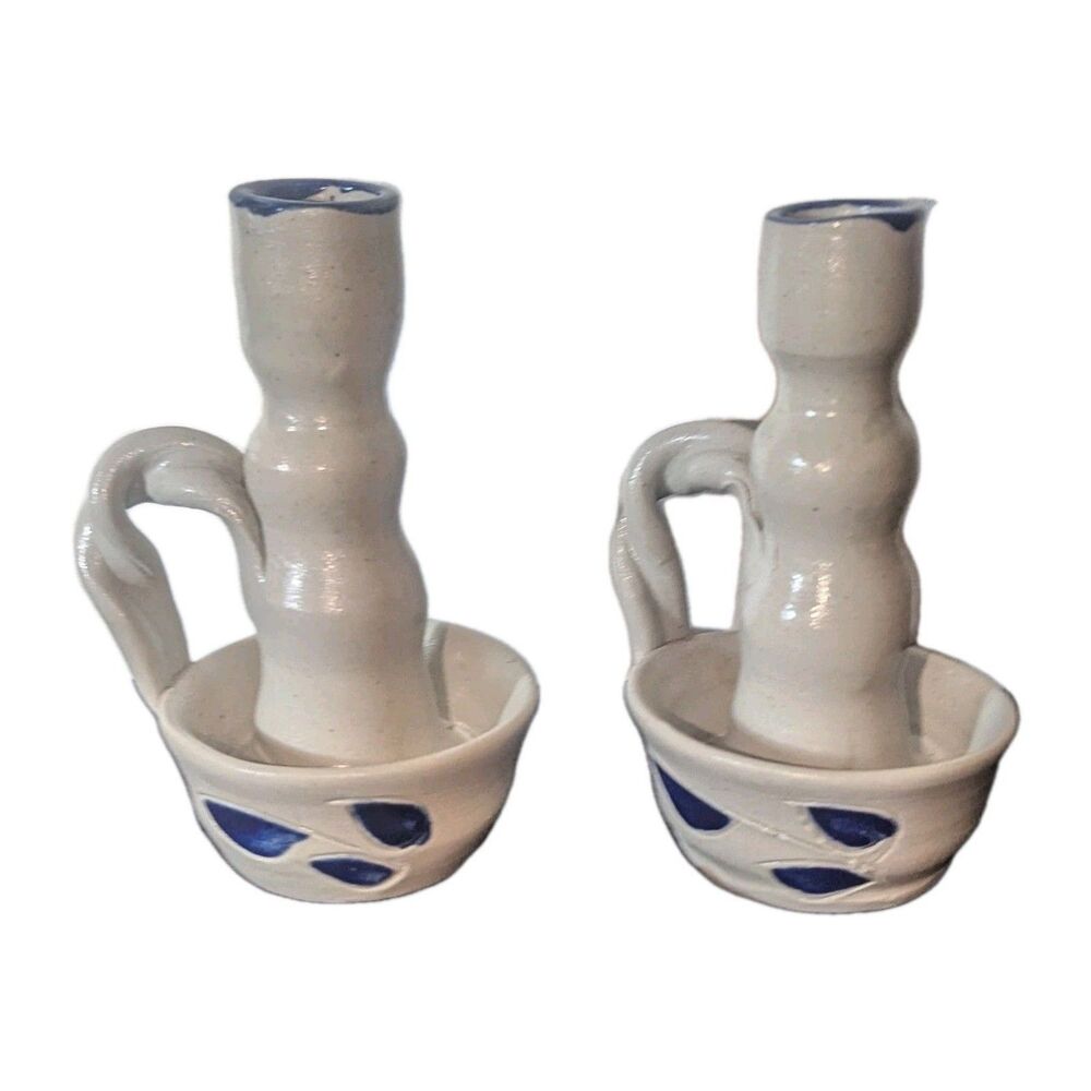 Williamsburg Pottery Salt Glaze 2 Candlestick Holders w Handle Handmade Blue